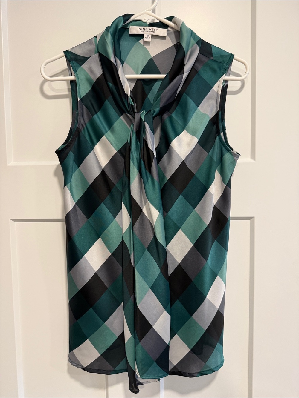 Nine West Teal, Black & White Plaid Tie-Neck blouse Business